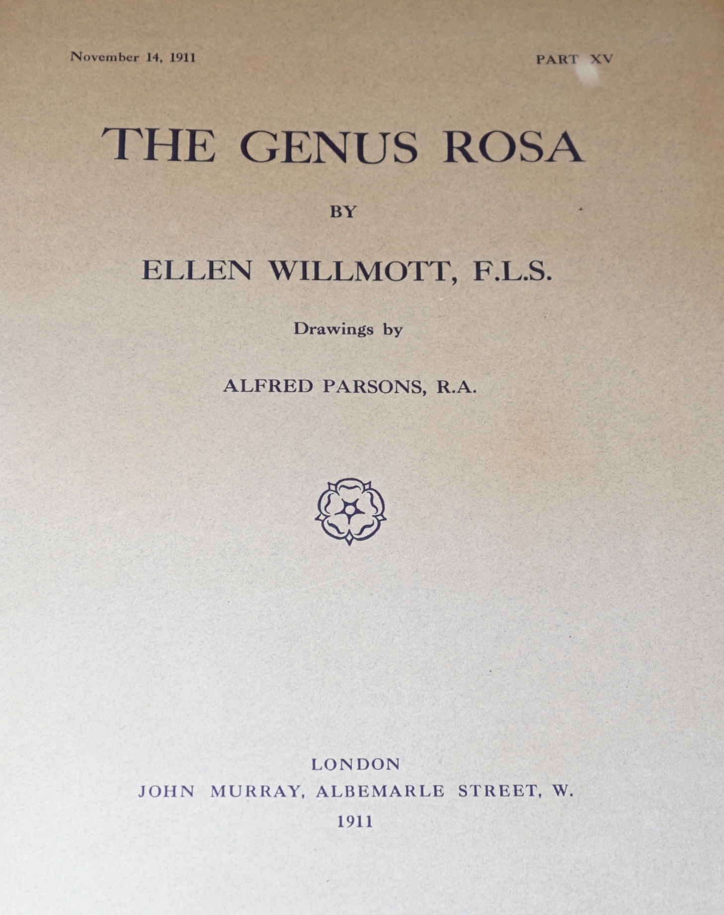 Willmott, Ellen - The Genus Rosa, drawings by Alfred Parsons, 2 vols in 25 original parts, with 125 (70 and 55) only, of 132 chromolithograph plates, tissue guards, numerous uncoloured plates and illustrations to text, i